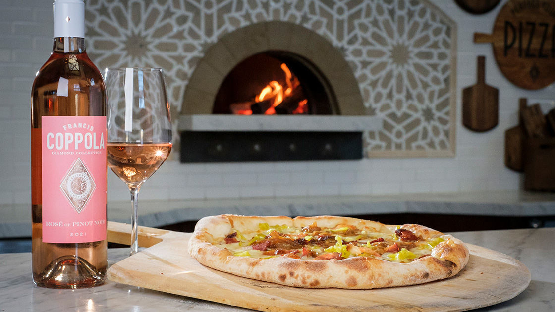 Caramelized Onions and Candied Bacon Pizza with Diamond Collection Rosé