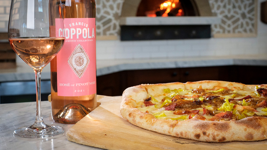 Caramelized Onions and Candied Bacon Pizza with Diamond Rosé
