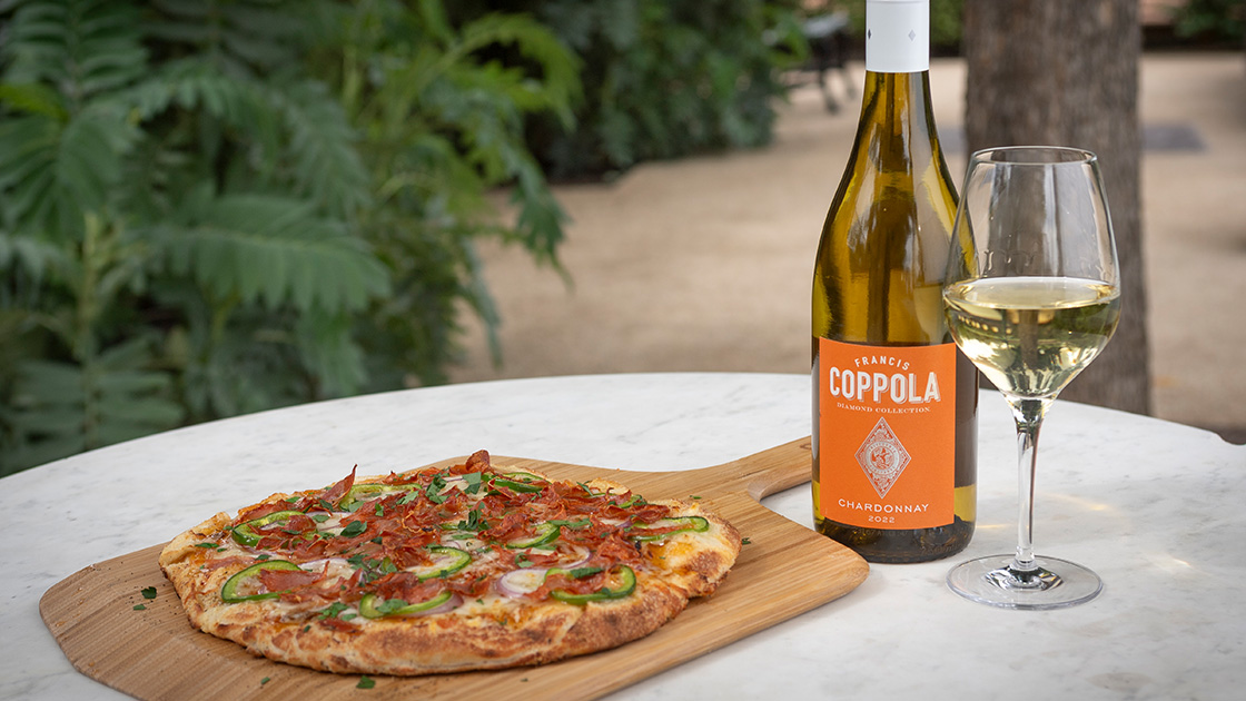 “Poppin’ Prosciutto and Jalapeno Pizza” pizza with Diamond Collection Chardonnay