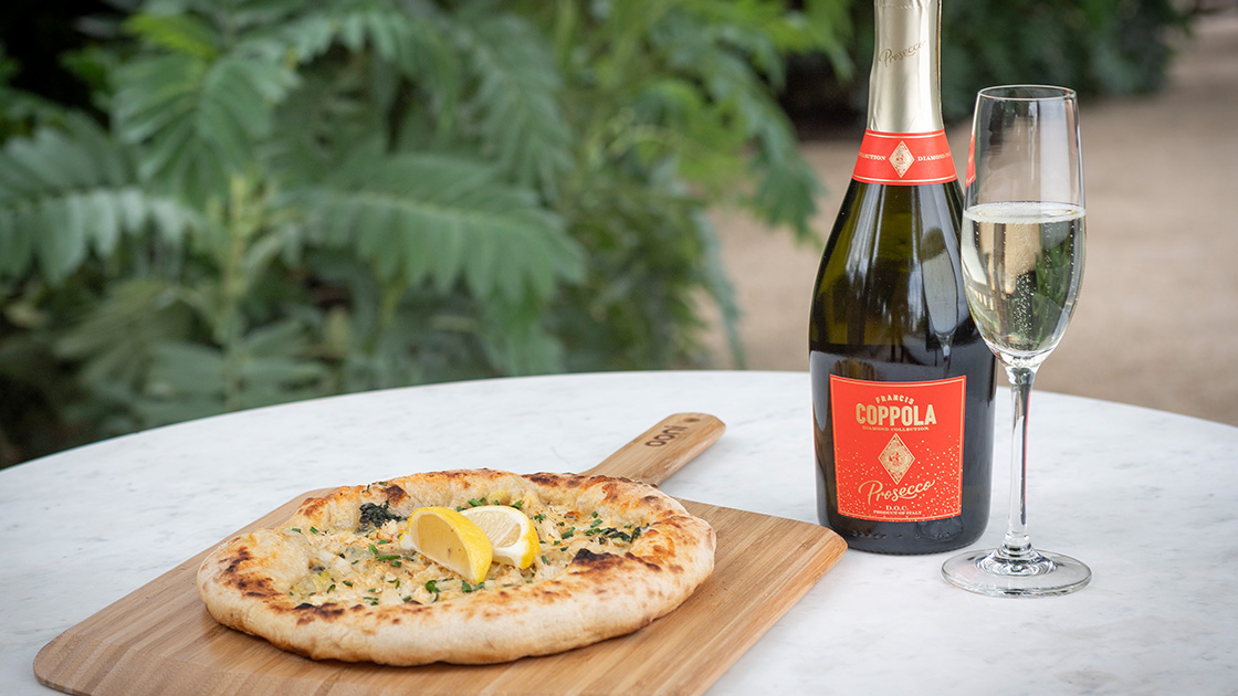 Dungeness Crab Pizza with Diamond Collection Prosecco