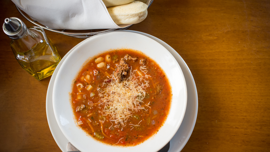 A bowl of pasta fagioli soup.