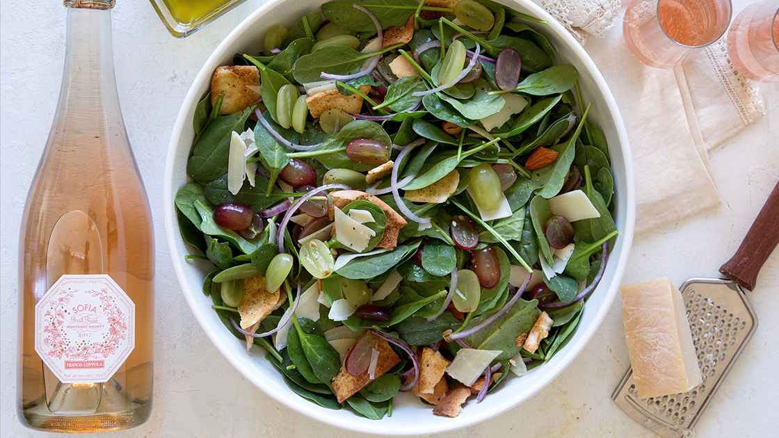 Spinach Salad with Grapes and Lemon-Oregano Vinaigrette Recipe.