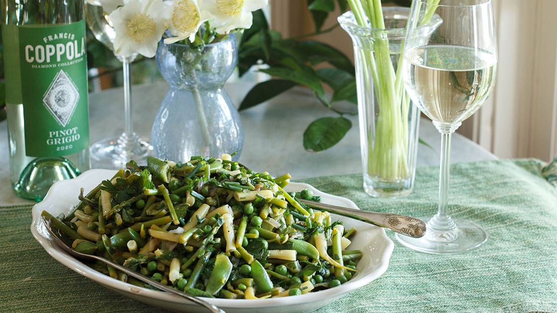 Plate of peas and asparagus salad