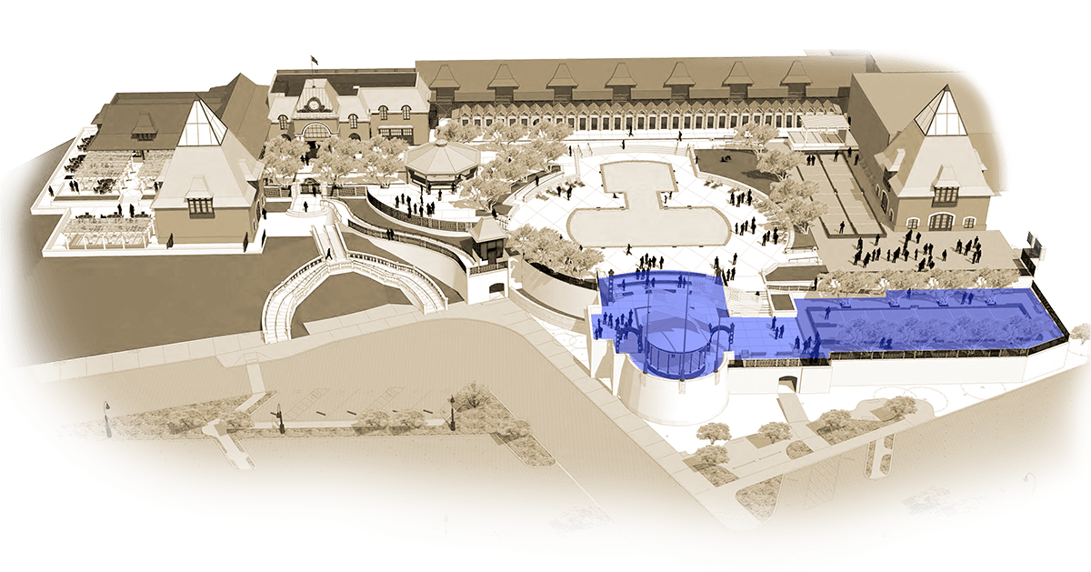 Illustrated map of Coppola Winery with outdoor pavilion in highlighted blue. 