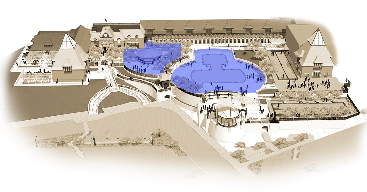 Illustrated map of Coppola Winery with Pool and outdoor cafe in highlighted blue. 