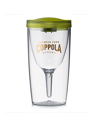 Francis Ford Coppola Winery Logo Vino2Go tumbler with olive green lid.