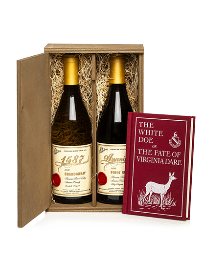 The Roanoke Collection wine bottles & White Doe Book in a Gift Box.