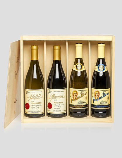 Four Bottles of Virginia Dare Showcase & Roanoke Collection wines in a Pine Gift Box.