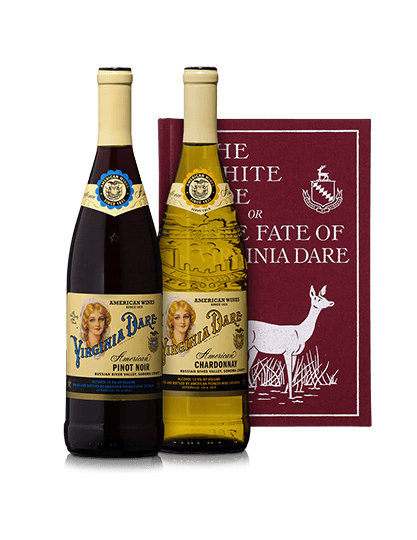 Two bottles of Virginia Dare Winery Showcase wine bottles and White Doe Book.